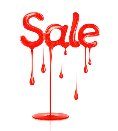 Inscription Sale made from a stream and drops of red paint on a white backgroundの写真素材