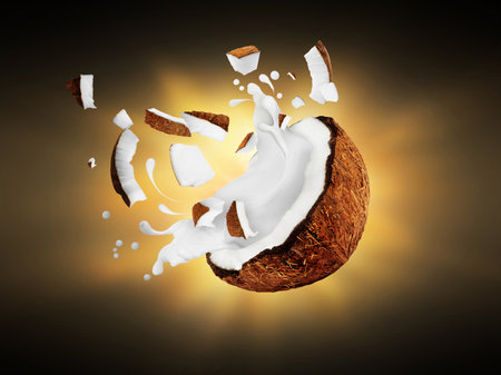 Broken coconut with milk splash in the darkの素材