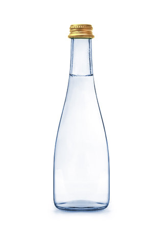 Glass bottle with mineral water closeup, isolated on white backgroundの写真素材