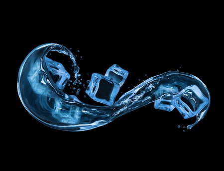 Ice cubes with splashes of water on black backgroundの素材
