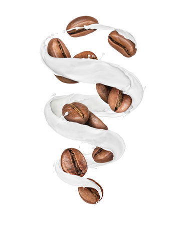 Coffee beans moves in a swirling splashes of milk on white backgroundの素材