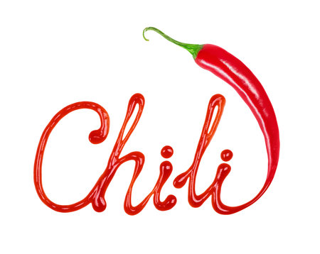 The word Chili written with ketchup and red hot natural chili pepper pod, conceptual image on white backgroundの写真素材