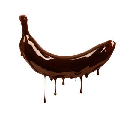 Banana poured with chocolate isolated on white backgroundの写真素材
