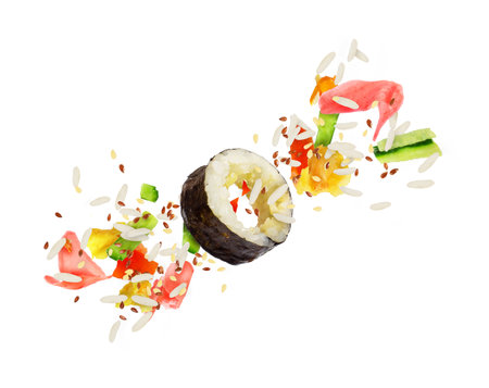 Sushi roll crumbles in the airの写真素材