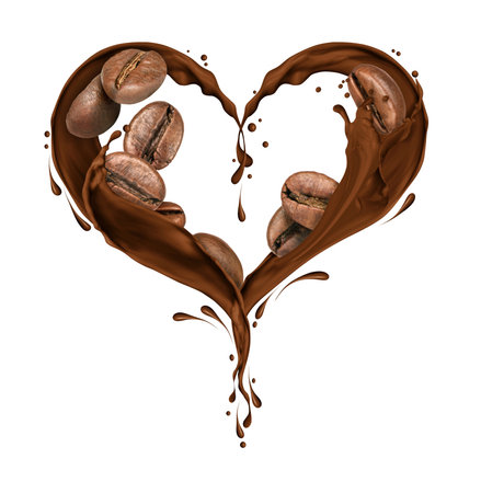 Coffee beans with splashes of chocolate in the shape of the heartの写真素材