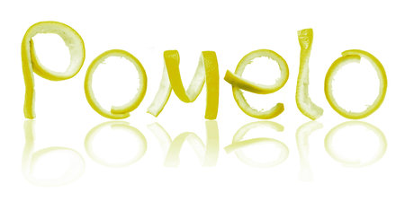 The word pomelo is made of peel, isolated on white backgroundの写真素材