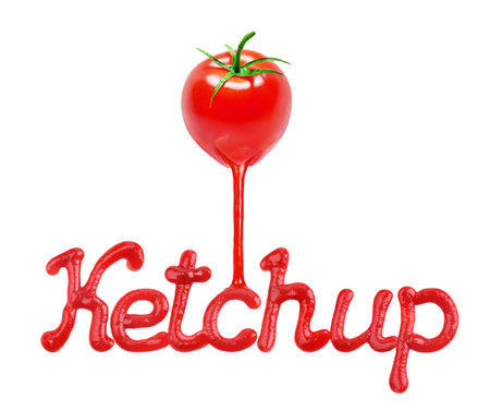 The word "Ketchup" written with ketchup in high resolution, isolated on white backgroundの写真素材
