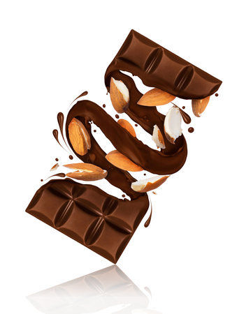Conceptual image of a chocolate bar with almonds on white backgroundの写真素材