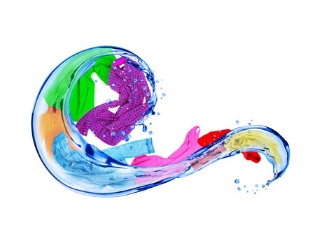 Colorful clothing with water splashes isolated on white backgroundの写真素材