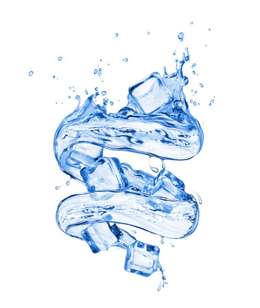 Ice cubes with splashes of water in a swirling shape on white backgroundの写真素材