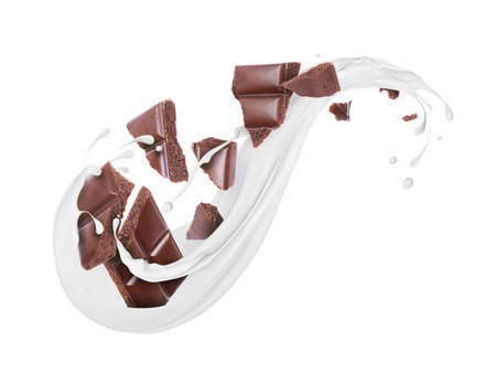 Pieces of porous chocolate with milk splashes on white backgroundの写真素材