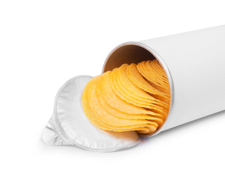 Potato chips in a cylindrical package close-up isolated on white backgroundの写真素材