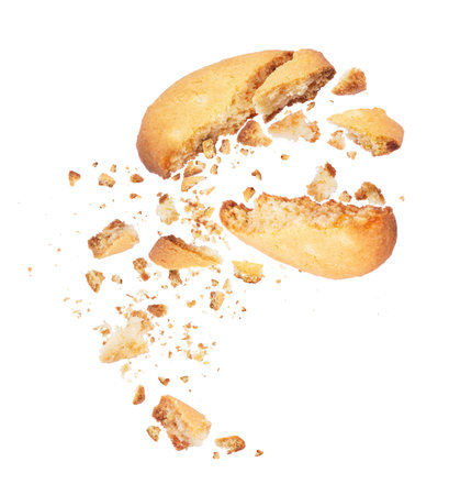Biscuit broken into two halves with falling crumbs downの写真素材