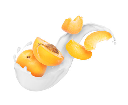Slices of apricots with milk splashes close-up isolated on white backgroundの写真素材
