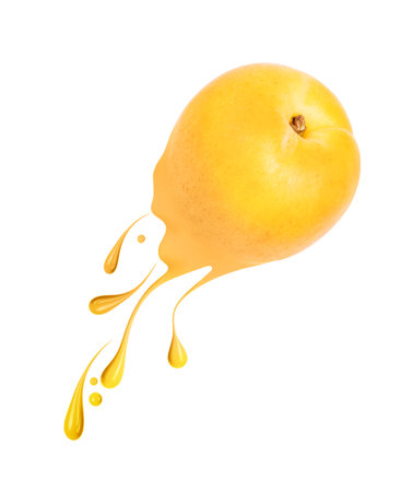 Juicy apricot with splashes and drops of paint, isolated on white backgroundの写真素材
