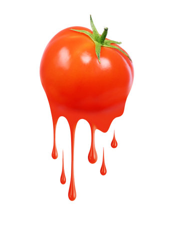 Fresh tomato with splashes and drops of paint, isolated on white backgroundの写真素材