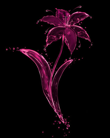 Purple flower made of fresh water splashes on black backgroundの写真素材