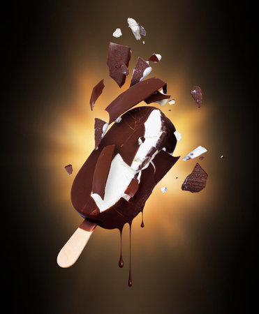 Chocolate ice cream broken into many pieces in the darkの写真素材