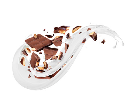 Broken chocolate with milk splashes isolated on a white backgroundの写真素材