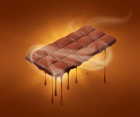 A chocolate bar melts with steam on an orange backgroundの写真素材
