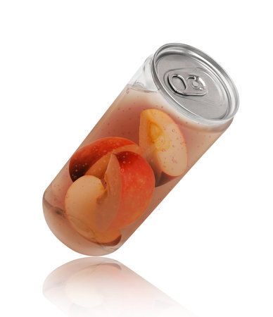 Apple slices with juice in a plastic bottle, conceptual image isolated on white background