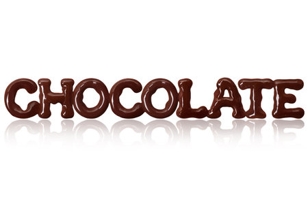The word chocolate written with liquid chocolate on a white backgroundの写真素材