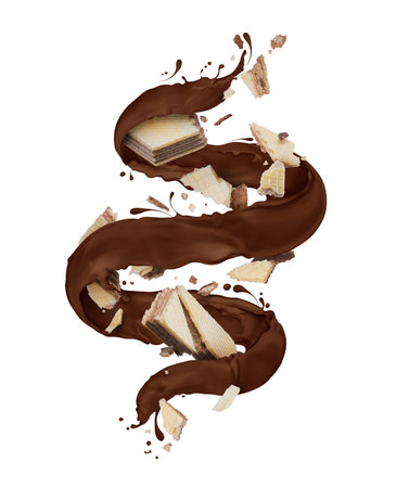 Broken waffles with chocolate splashes in a twisted shape, isolated on white backgroundの写真素材