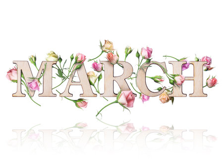 Wooden inscription March with branches of roses, isolated on white backgroundの写真素材