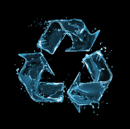 Recycling sign made of water splashes on black backgroundの写真素材
