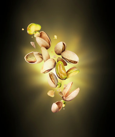 Pistachios crushed in the air close-up in the darkの写真素材