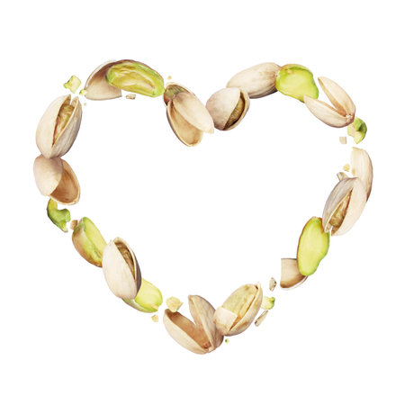 Crushed pistachios in the air in the shape of a heart, isolated on a white backgroundの写真素材