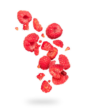 Whole and sliced raspberries in the air on a white backgroundの写真素材