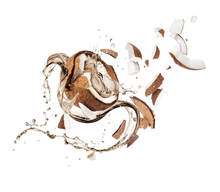 Broken coconut with with splashes of juice, isolated on white backgroundの写真素材
