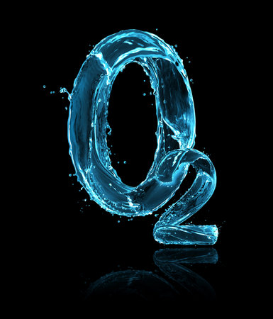 Chemical formula of oxygen made of water splashes on a black backgroundの写真素材
