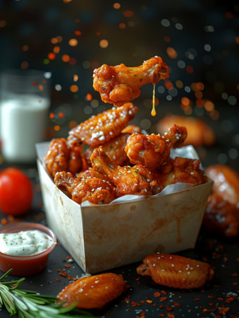 Roasted chicken wings and legs with spices and herbs fall into a cardboard boxの素材