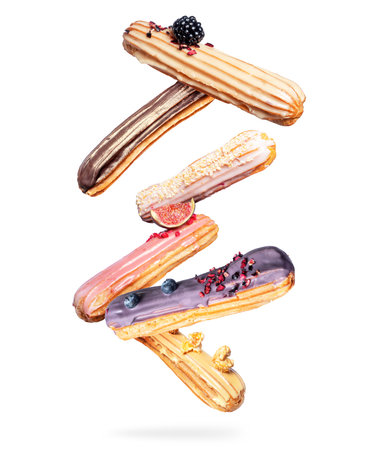 Eclairs with different flavors, isolated on a white background