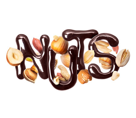 Inscription Nuts made of chocolate with different nuts, isolated on white backgroundの写真素材