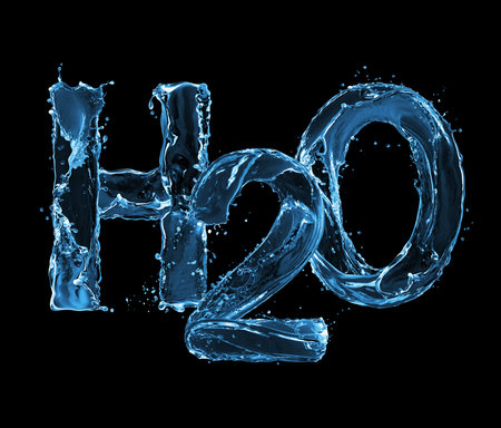 Chemical formula of water H2O made of water splashes on black backgroundの写真素材