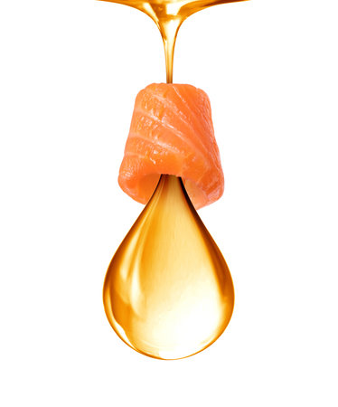 Oily drop with fresh salmon slice, conceptual image on white backgroundの写真素材