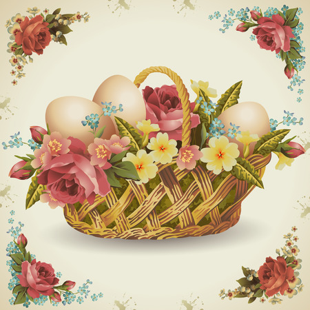 Easter basket with flowers in which rozmizheni Easter eggs Easter eggs in milk brown backgroundのイラスト素材