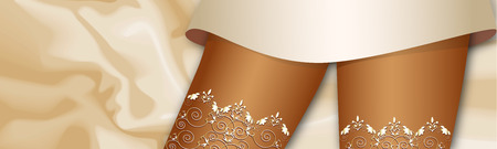 white patterned stockings on the legs of a young beautiful charming woman on the background of coffee milk silk sheetsのイラスト素材