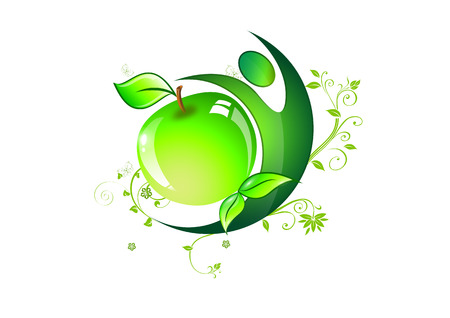 symbol of healthy eating or diet fitnysu Sports delicious green apple with leaves and butterflies and sports personsのイラスト素材