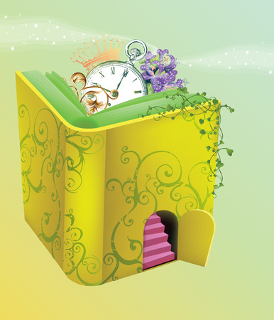 Fantasy Book Software steps to the mountain in the binding and flowers that grow on it though, and kaskovym hodynykom and crownのイラスト素材