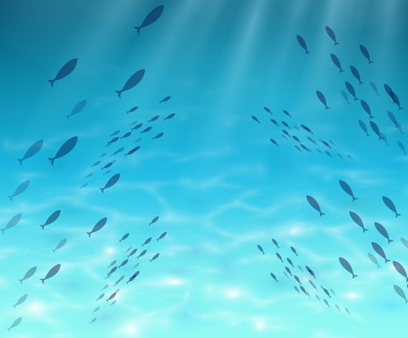 Underwater world Fish blue ocean abyss through which pass sunlight with fishのイラスト素材
