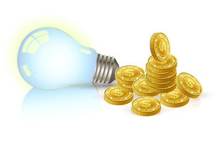 Economy light golden coins with dollar sign cent and blue light bulbsのイラスト素材