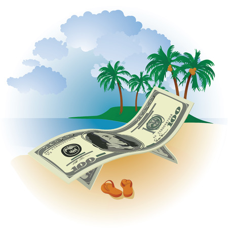 hundred dollar bills on a background of the sea beach and palm trees with coconutsのイラスト素材