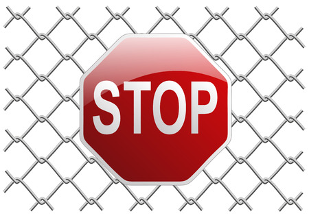 metal mesh fence as a background or object tryde with stop signのイラスト素材