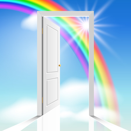heavenly white door through which visible celestial cloud and sunのイラスト素材