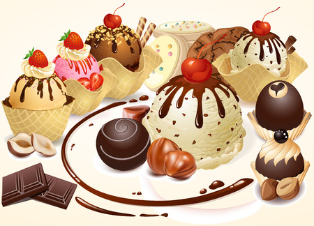 Confectionery and chocolate. Baking. Sweets. Cream cakes. Confectionery. Dessert dishes. Roast nuts.のイラスト素材