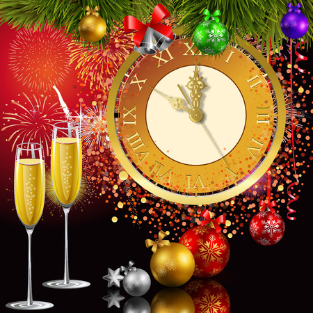 Time for the new year. 5 minutes to the new year. Met the new year with champagne. Christmas chimes.のイラスト素材